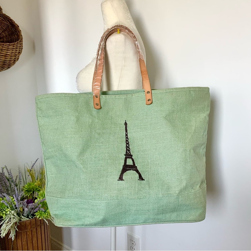 Ballard Designs Paris ICON Eiffel Tower Jute Tote Shopper Bag pistachio green